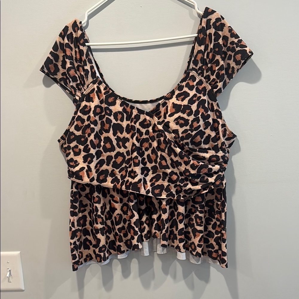 SHEIN Brown and Black Cap Sleeve Tie Front Crop Bikini